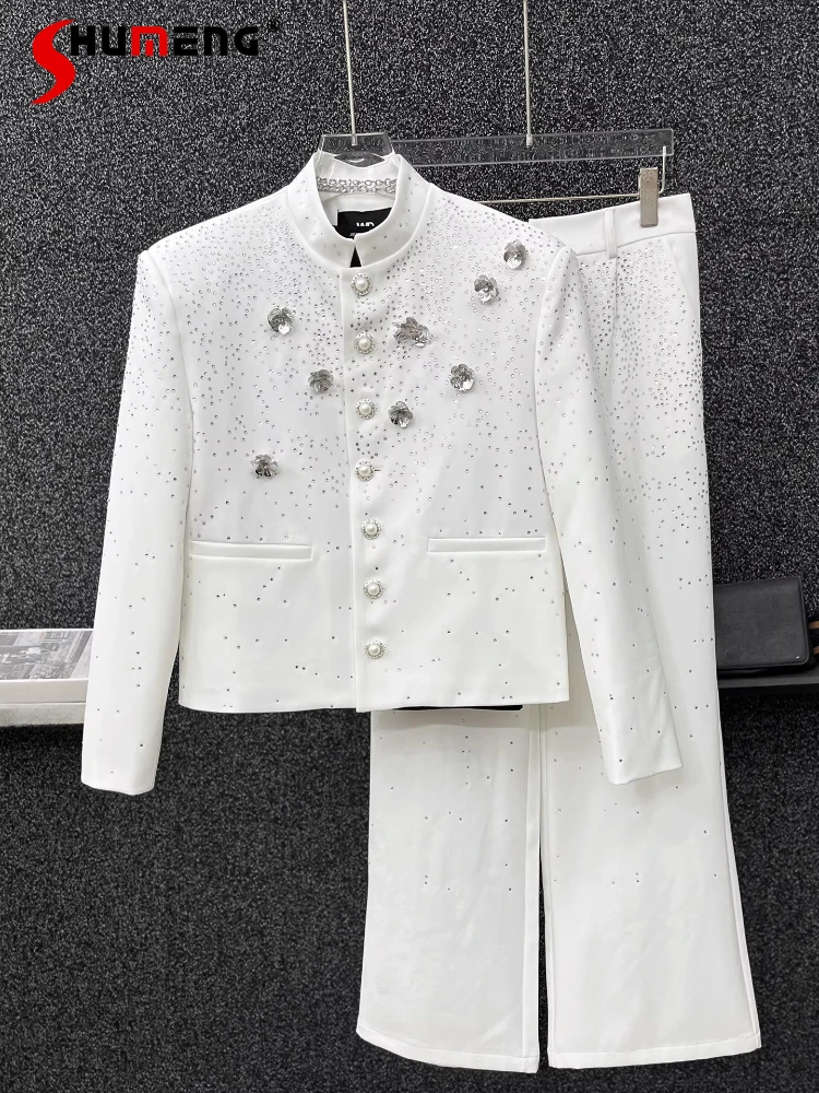 

High-End Fashion Starry Sky Rhinestone Suit Sets Men 2025 Autumn Stand Collar Floral Blazers Straight-Leg Pants Two-Piece Sets