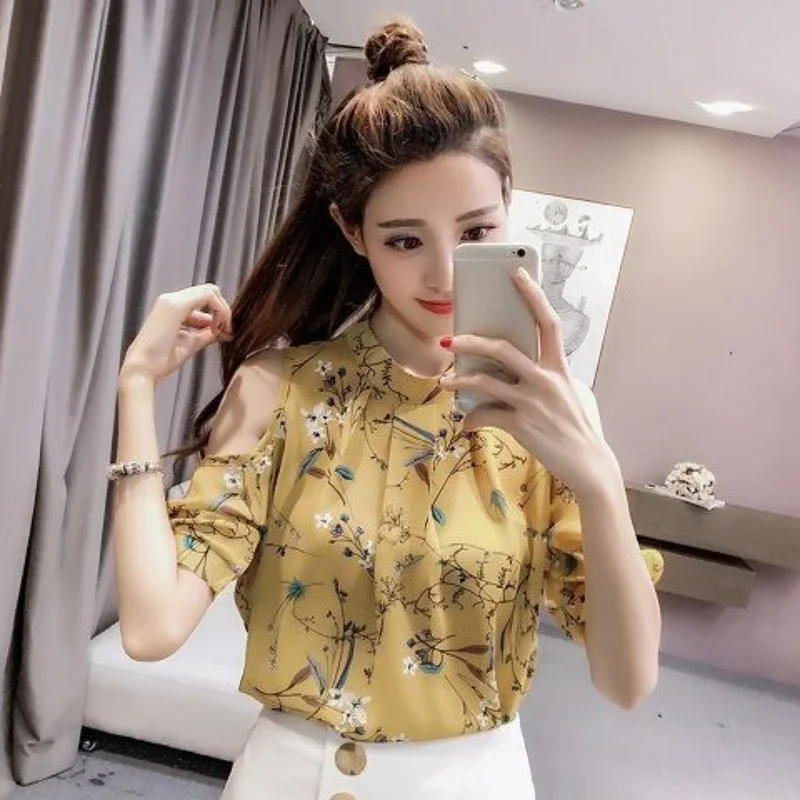 With Print Summer Floral Female Tops Off Shoulder Women's Shirt and Blouse Yellow New Collection 2024 High Quality Korea Stylish