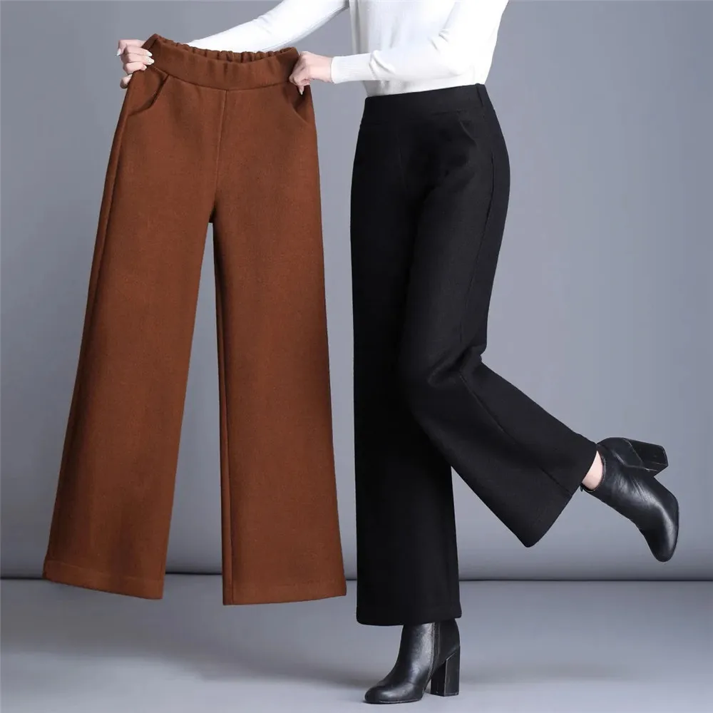 

Autumn Winter Wool Oversize 4xl Pants Women Elastic Band High Waist Solid Vintage Loose Casual Fashion Female Straight Trousers