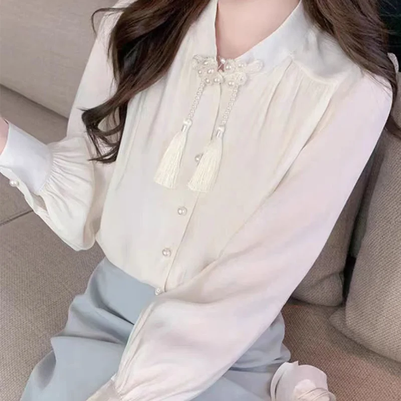 2024 New Summer Chinese Style Decorations Retro Loose Women's Shirt Office Lady Chiffon Button Turtleneck Long Sleeve Chic Tops