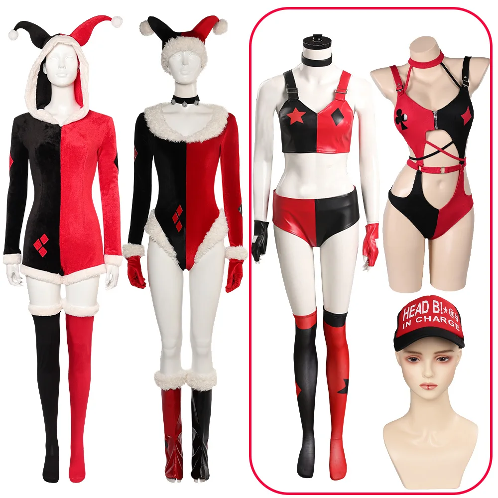 Female Quinzel Cosplay Costume Jumpsuit Pajamas Movie Role Play Swimsuit Hat Bikini Fantasia Halloween Christmas Party Suit