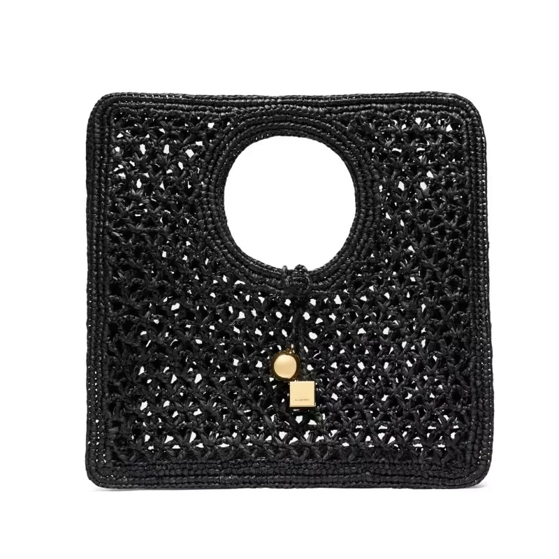 Bolso Tote con Cierre Encajable para Mujer, Negro, de Rafia Plana, Bolso de Diseño de Lujo, Nuevo, con Dijes Redondos Metálicos Dorados, Bolsos Femeninos