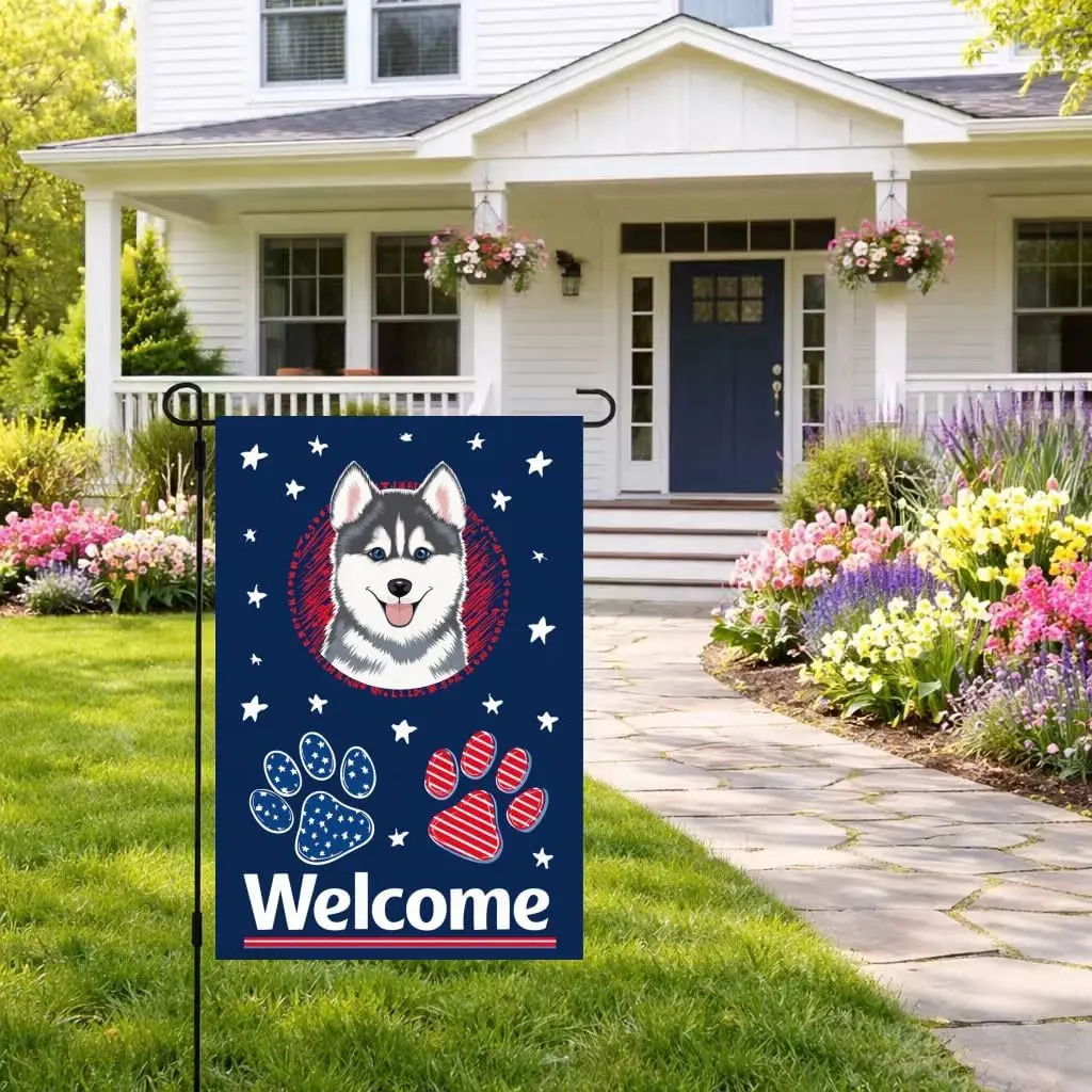 4th of July Husky Paw Print Patriotic Small Decorative Garden Flag Stripes Dark Blue Yard Lawn Outside Decor American Outdoo yyi