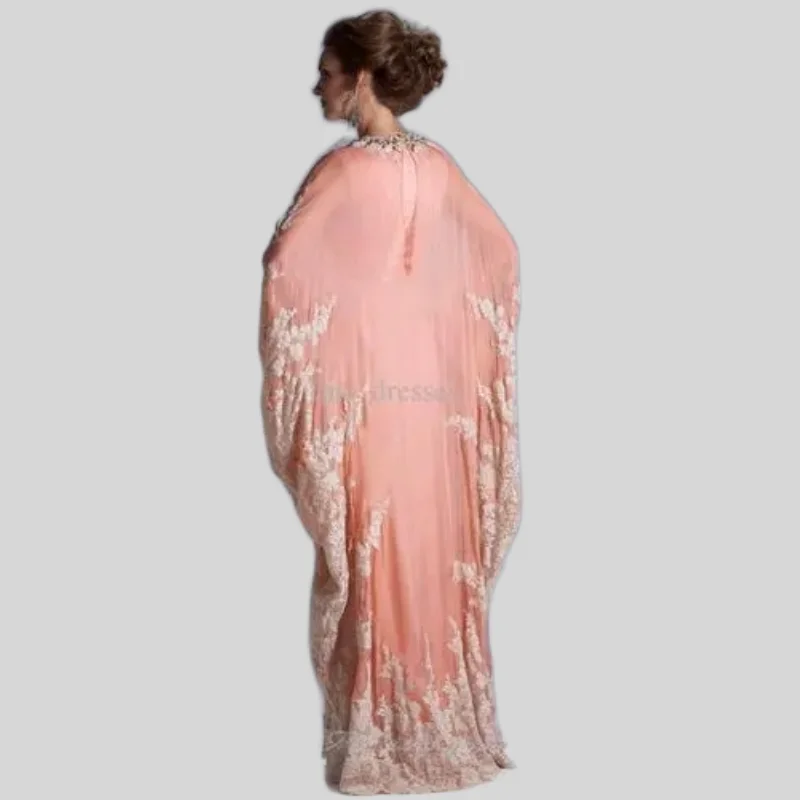 Pink Moroccan Kaftan Muslim Evening Dresses A-line Chiffon Appliques Beaded Dubai Arabic Turkey Abaya Islamic Evening Gown