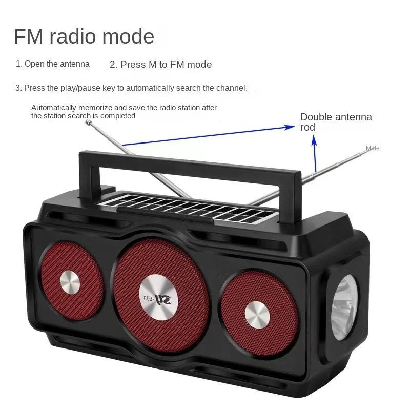 New Dual solar Bluetooth Speakers FM Radio Wireless TWS Series Outdoor Portable Flashlight Subwoofer 360 Stereo Surround Speaker