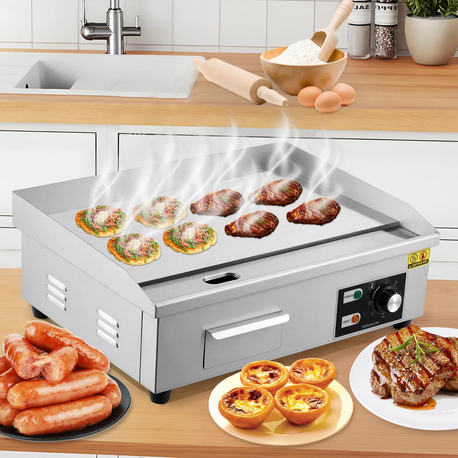 14/18/21인치 상업용 전기 그리들 1600W 논스틱 플랫탑 그릴 122-572 ° 조절 가능한 온도와 삽, 브러시 포함