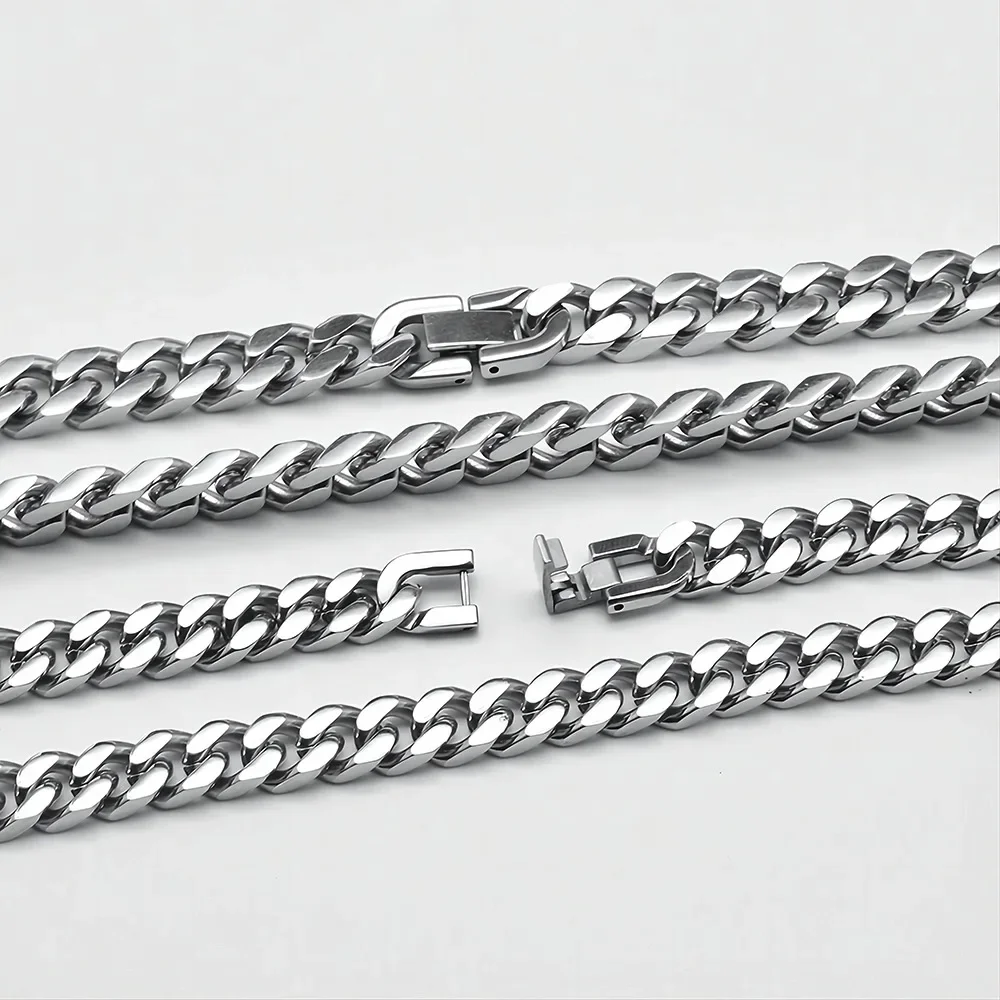 Hip Hop Good Quality 316L  Stainless Steel 8mm Width 4 Sides Well Polish Cuban Chain For Men Woman Jewelry Waterproof  Necklace