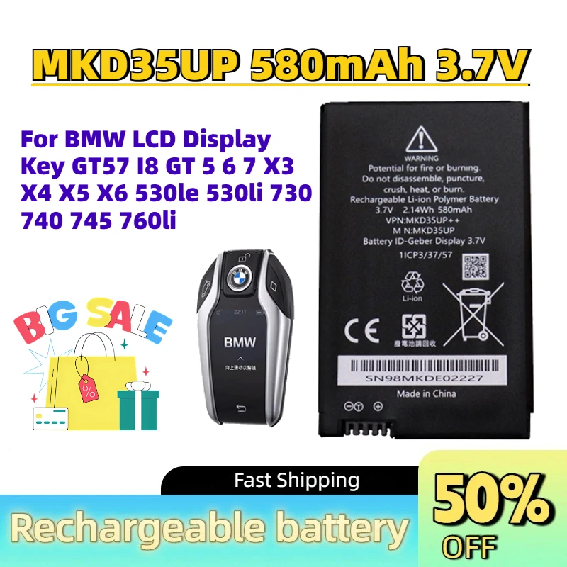 MKD35UP 580mAh 3.7V Key Battery Replacement for BMW LCD Display Key GT57 I8 GT 5 6 7 X3 X4 X5 X6 530le 530li 730 740 745 760li