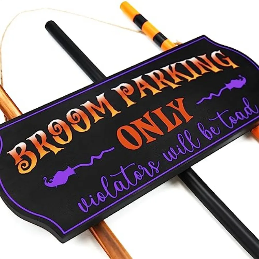 Halloween Decorations Halloween Decor Broom Parking Sign with 3 Wooden Witches Brooms Cute Hocus Pocus Front Porch Wall Decor f