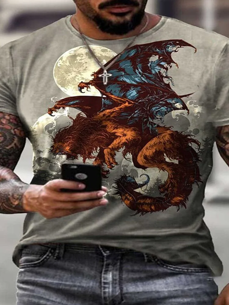 Animated 3D Dragon Pattern Summer Men\'s Casual T-Shirt Outdoor Sports Comfortable Short Sleeves Street Fashion, Round Neck Tops