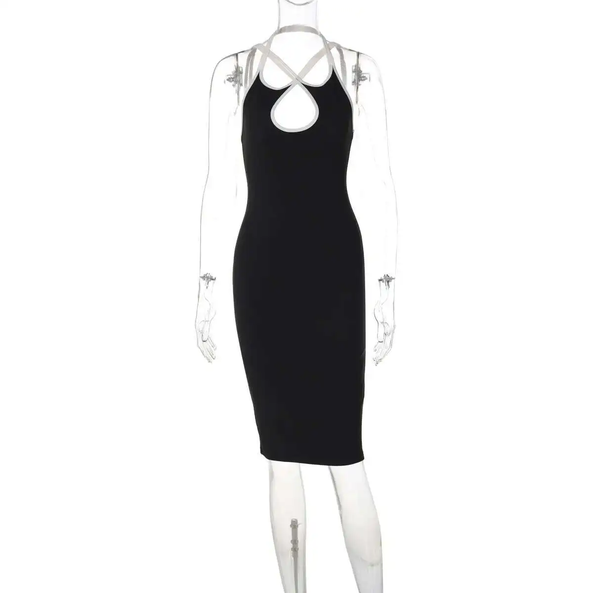 

Blocking Color Hollowed Out Slim Fit Dress for Women's Clothing in the Spring of 2025, New Style with Hanging Neck, Exposed