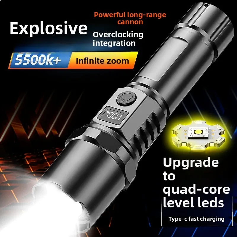 New Rechargeable LED Flashlight Super Bright Long Range Zoomable Digital Display Outdoor