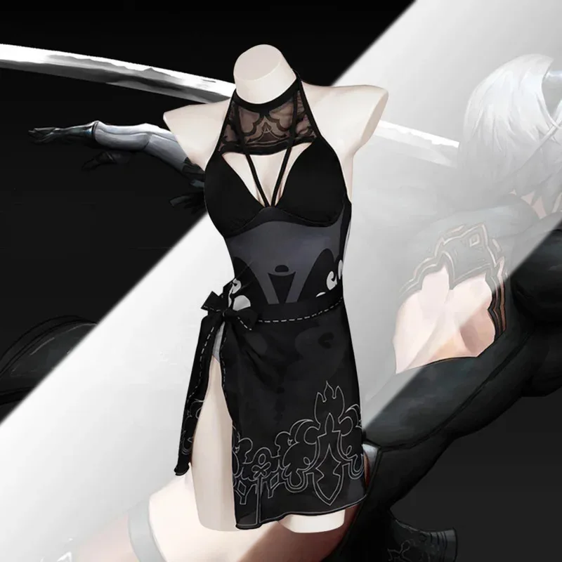 Game NieR Automata 2B Cosplay Costumes Swimsuit Black Slip Dress Summer Skirt Sexy Uniform Yarn Swimwear Girls Adults Full Set