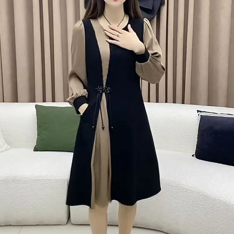 Fashion O-Neck Button Polka Dot Fake Two Pieces Midi Dress Women\'s Clothing Autumn New Loose Office Lady Vintage Dresses