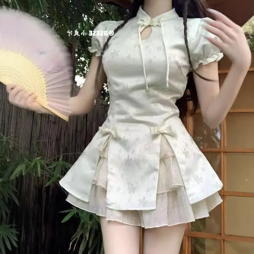 Summer Woman Dress Short Sleeve Solid Color Round Neck Dresses Two Piece Set Pastel Green Mini Dress Bow Detail Ruffled Hem A
