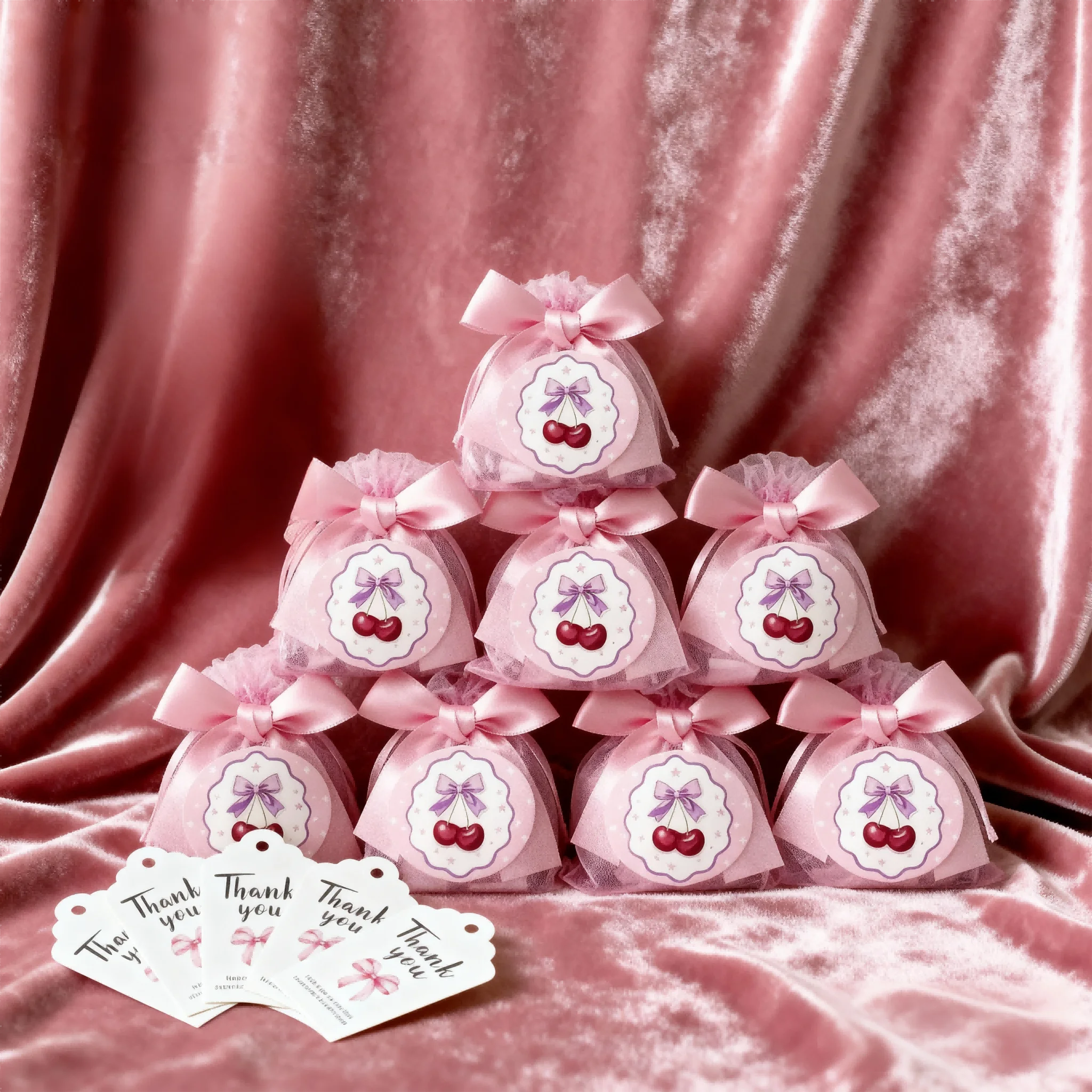 36 Stück/12 Satz Kirsche Mini-Spiegel mit Schleife, rosa Schleife, Dankeskarten und Organzabeutel mit Schleifen – perfekt für Brautpartys, Geburt – Detail 5