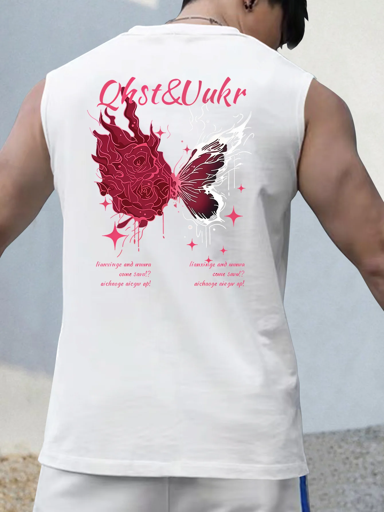 

Dark and chic flame rose butterfly sleeveless top, Qhst&Vukr exclusive art print men's clothing, a gift for your boyfriend.