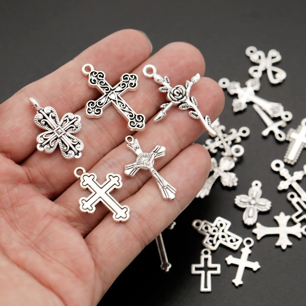 30/stücke Vintage Mixed Metall Kruzifix Kreuz Charms Perlen Handgemachte DIY Armband Anhänger Halskette Clips Schmuck Machen Erkenntnisse