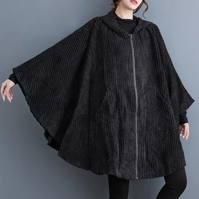 #4078 Autumn Winter Black Hooded Corduroy Ponchos And Capes Women Zipper Loose Batwing Sleeve Asymmetrical Coat Loose Outerwear