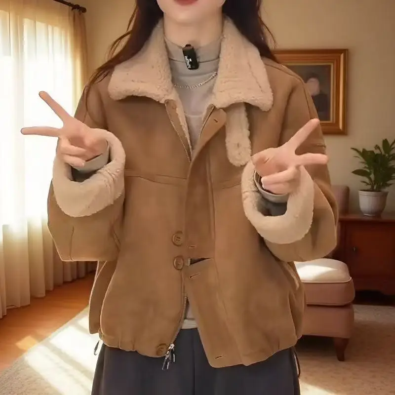 Damen-Ort-Thiened-Fce-Jacke aus gefüttertem Wildleder mit Fellbesatz, lässig, Herbst-Winter, neue Mode, schlichtes Oberteil