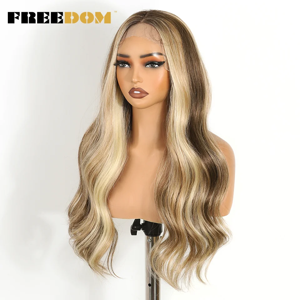 FREEDOM 13X6 Synthetische Lace-Front-Perücken für Frauen 26 Zoll Wellige Lace-Perücke Ombre Braun Blond Highlight Perücke für den täglichen Gebrauch – Detail 3