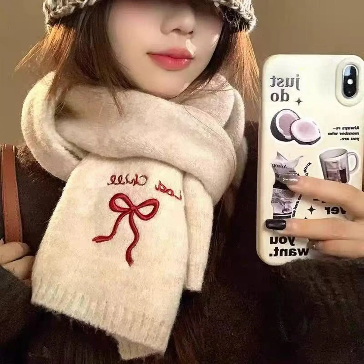 

Japanese Korean Cute Bow Scarf Winter Women's New Atmosphere Cold And Warm Neck Protection Knitted Scarf Embroidery