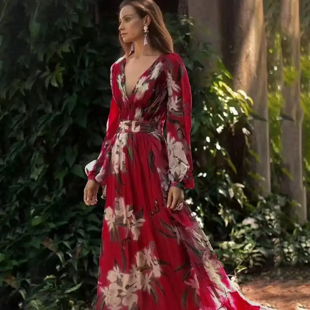 

Women's Sexy Dress With Fashionable Print V-neck Long Sleeved Strap High Waist Spring Summer Big Swing Jumpsuit Long Skirt