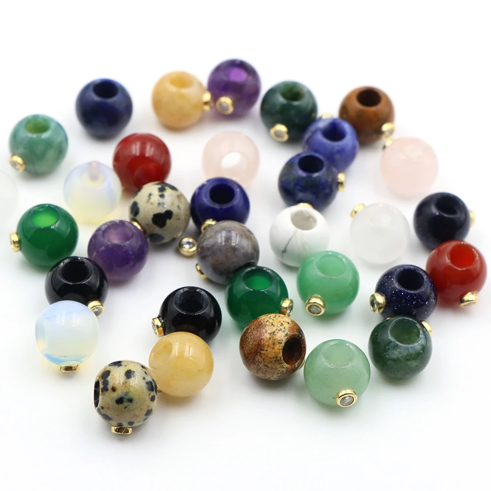 12mm Natural Stone Healing Crystal Large Hole Round Beads With White Zircon Loose Spacer Beads for DIY Bracelet Jewelry Making