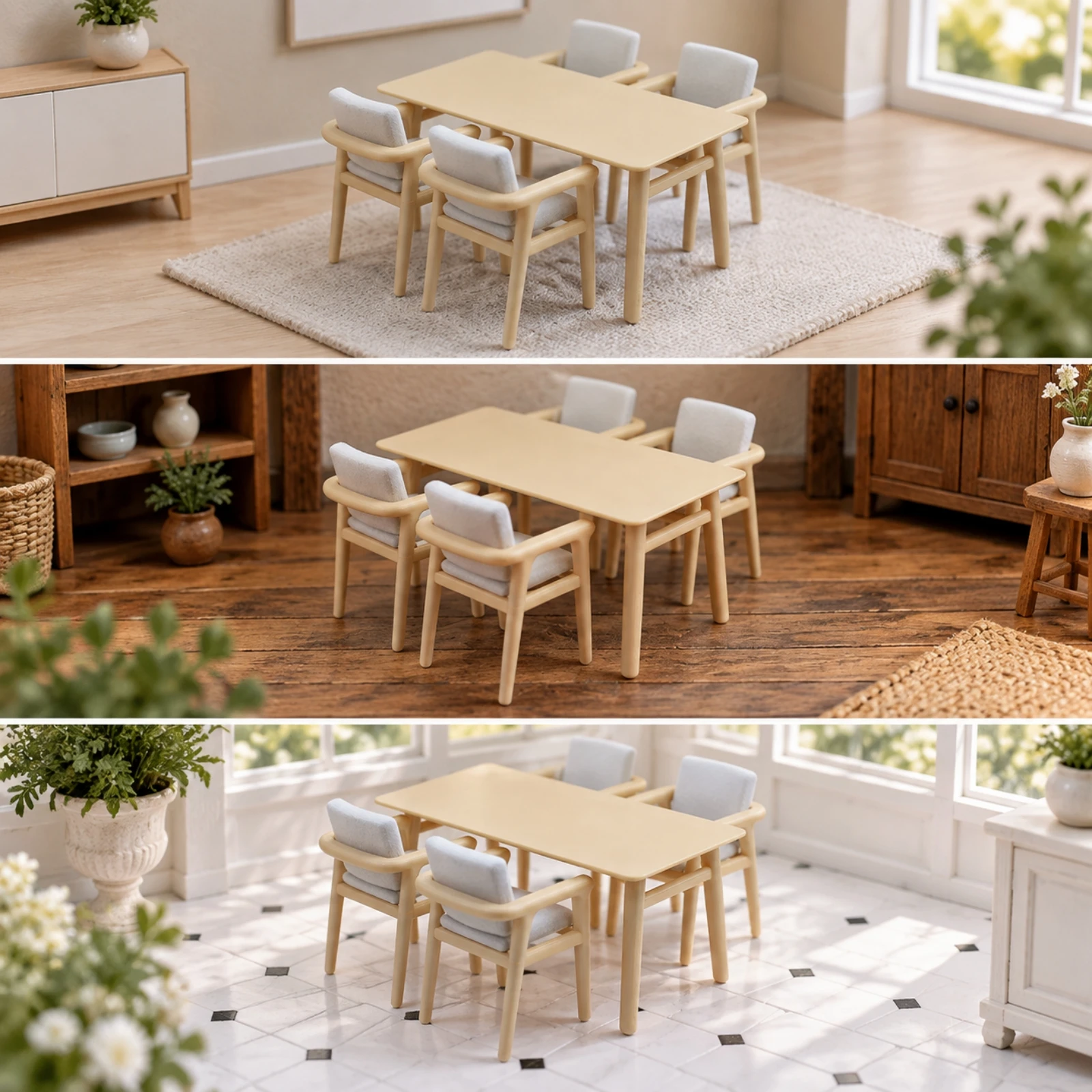 Miniature Dining Set with Upholstered Armchairs White Dollhouse Table and Chairs Set Miniature Furniture Model High-Detail