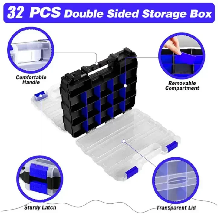 Organizer durevole a 32 scomparti con coperchio ribaltabile trasparente Ideale per viti e pulsanti Accessori fai-da-te Riparazione automatica e parte elettronica
