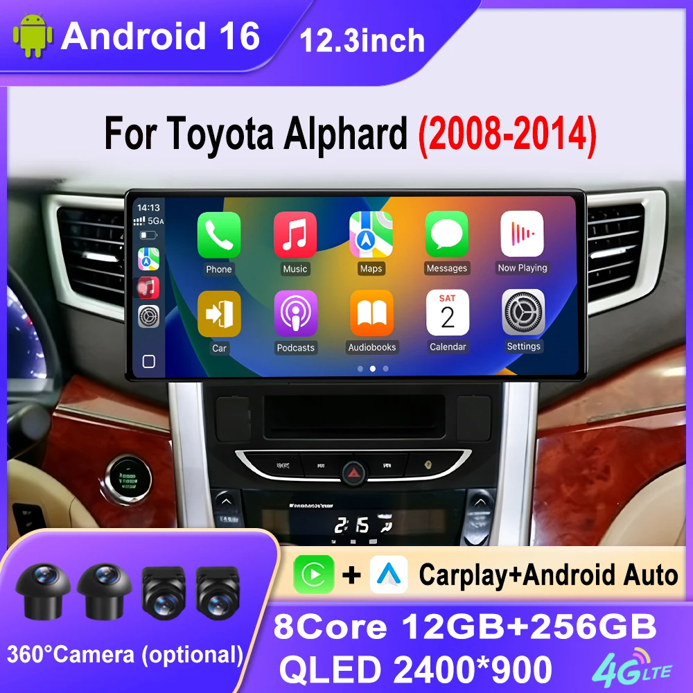 For Toyota Alphard 2008-2014 12.3 inch 8-core Car Multimedia Video 12+256GB Player Radio GPS Navigation Bluetooth Android 16