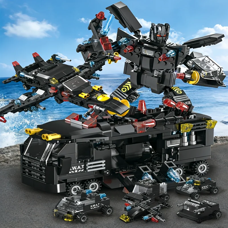 

SWAT Police Truck & Helicopter Building Blocks, Multi-Form Combined Model, DIY STEM Educational Toy, Perfect Gift for Boys