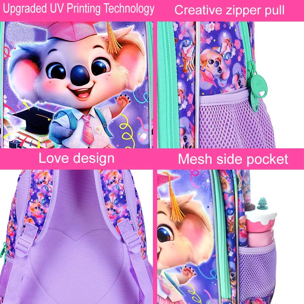 3-teilige Koala-Büchertasche für Mädchen, 40,6 cm großer Kinderrucksack mit Lunchbox, Grundschul-Schultasche für Kleinkinder – Lila Dr. Koala