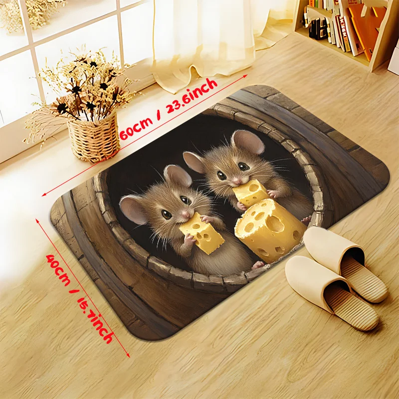 Cute Mouse Cheese Doormat Welcome Mat for Home Entrance Indoor Wipe Shoes Rustic Wood Barrel Chipmunk Decor Pet Keepsake