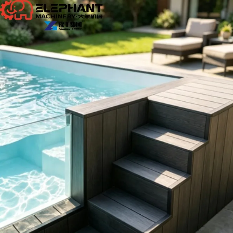 Rectangular WPC Platform Container Swimming Pool, Above Ground Fiberglass Swim Spa With Glass Window For Villa Family Outdoor