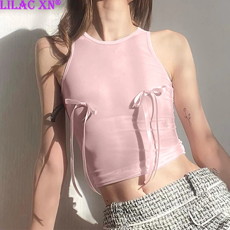 

Y2K Sweet Pink Bowknot Crop Top Women Basic Tank Tops Aesthetic Sexy Cute Lace Mesh See Through Camis Women Girls Fashion Tops