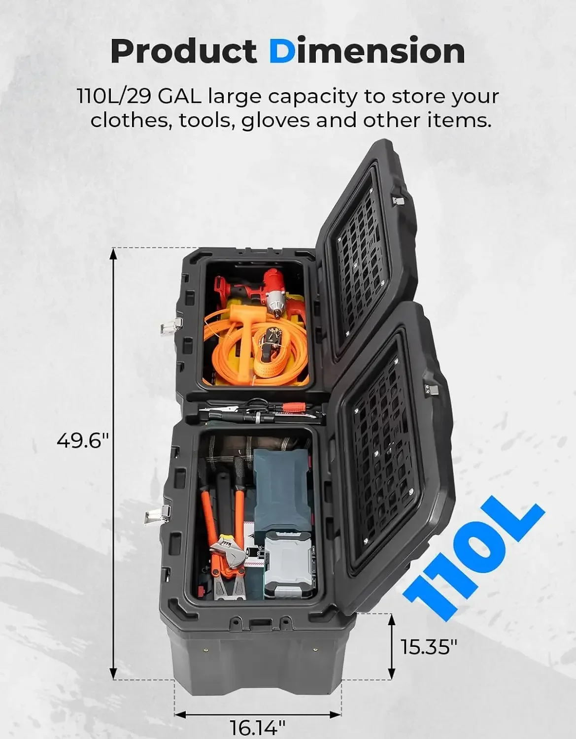 UTV 110L صندوق سرير البضائع الخلفي متوافق مع Polaris Ranger 1000 /XP 1000 /CREW XP 1000 2018-2024 29GAL صندوق تخزين الأدوات