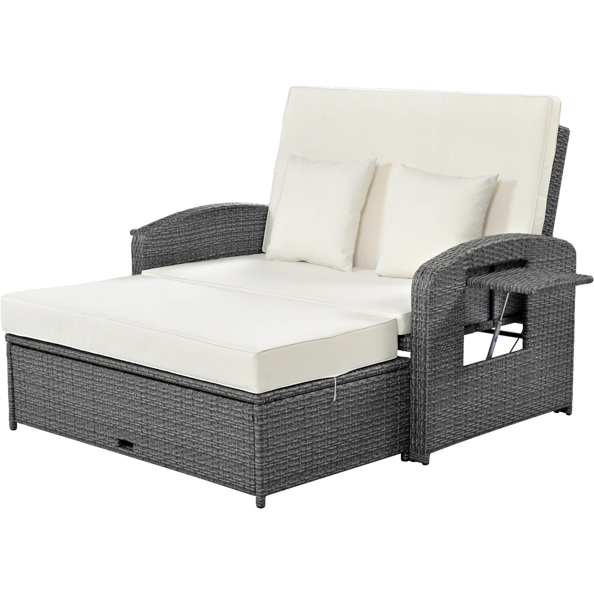 

PE Wicker Rattan Double Chaise Lounge, 2-Person Reclining Daybed with Adjustable Back and Cushions, Free Furniture Protection Co