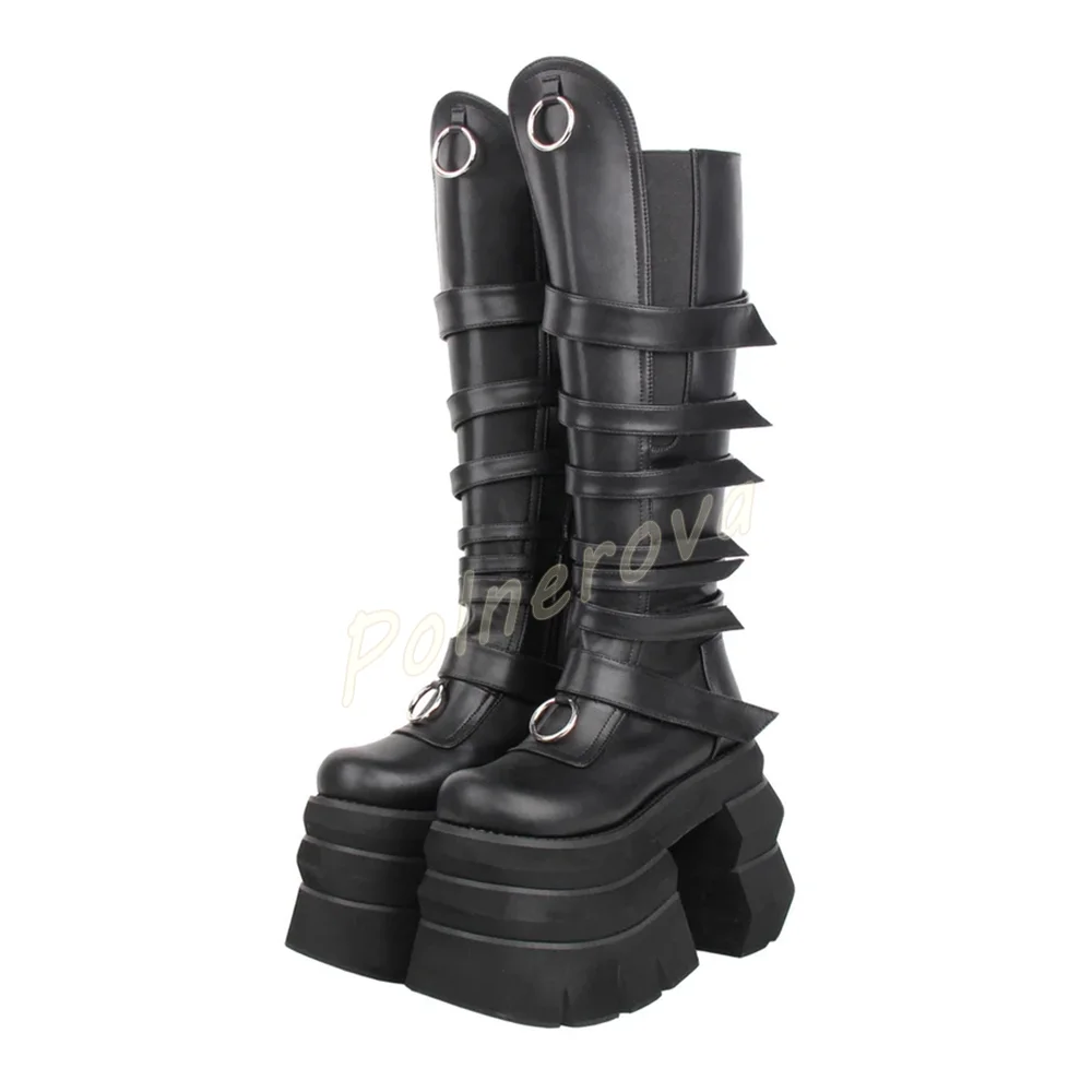 Multi Strap Metal Ring Boots Gothic Women Knee High Platform Side Zipper Leather Boots Super High Block Heel Punk Ladies Shoes
