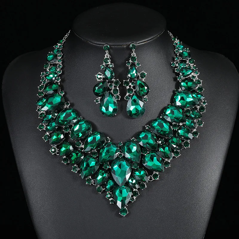

Exquisite Water Drop Green Crystal Jewelry Sets for Women Bride Wedding Party Jewelry Accessories Stud Earrings & Necklace Set