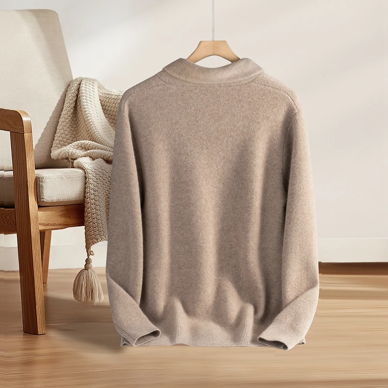 Men's 100% Pure Cashmere Cardigan Qingguo Collar Knitted Sweater Autumn Winter Thick Warm Business Casual Soft Comfortable Jacke