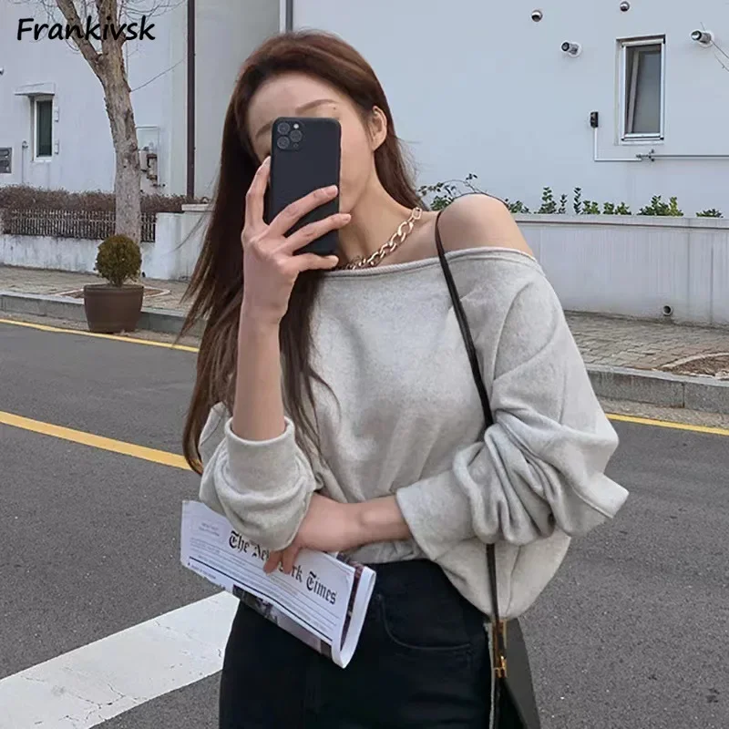 Long Sleeve T-shirts Women Off Shoulder Sexy Y2k Solid All-match Streetwear Elegant Spring Leisure Korean Style Simple Daily Tee