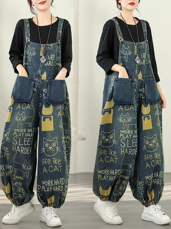 Mono vaquero para mujer Thiened Fce Casual Harajuku holgado estampado artístico pantalones de papá cintura alta mezcla de algodón y poliéster
