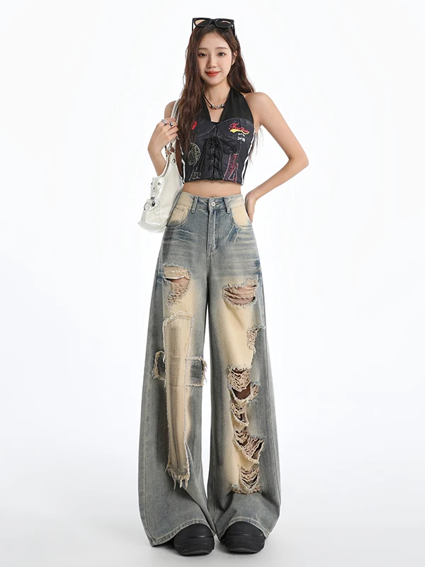 

American Retro Style High Waist Wide Leg Jeans Women Summer New Loose Patchwork Hole Punching Raggedy Annie Jeans Denim Pants