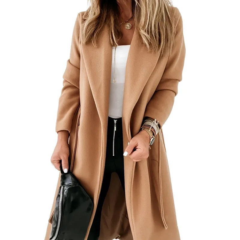 Belted Closure Tie Coat Extended Length Commuter with Elegant Commuter Pockets Wrinkle Resistant Finish Long Sleeves Women Coat