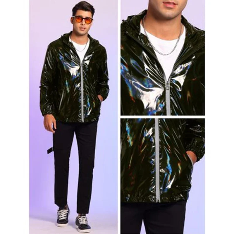 Men Laser Patent Leather Long Sleeve Hat Overcoat Male Shiny PU Outwear With Pockets New Chic Casual Entertainment New Custom