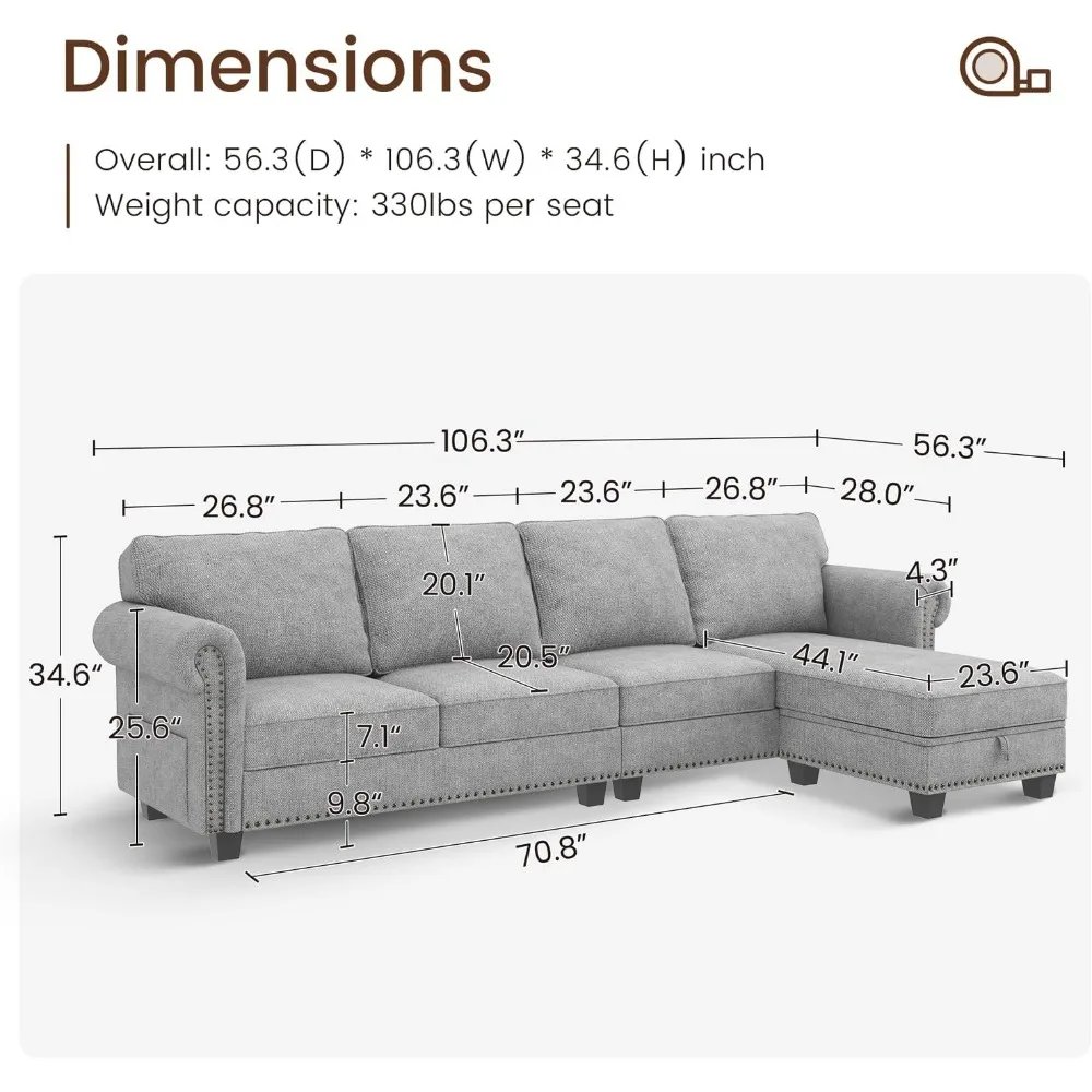 Convertible Sectional Sofa L Shape Couch with Reversible Chaise 4 Seat for Small Space ，sofa bed for living room，Light Grey