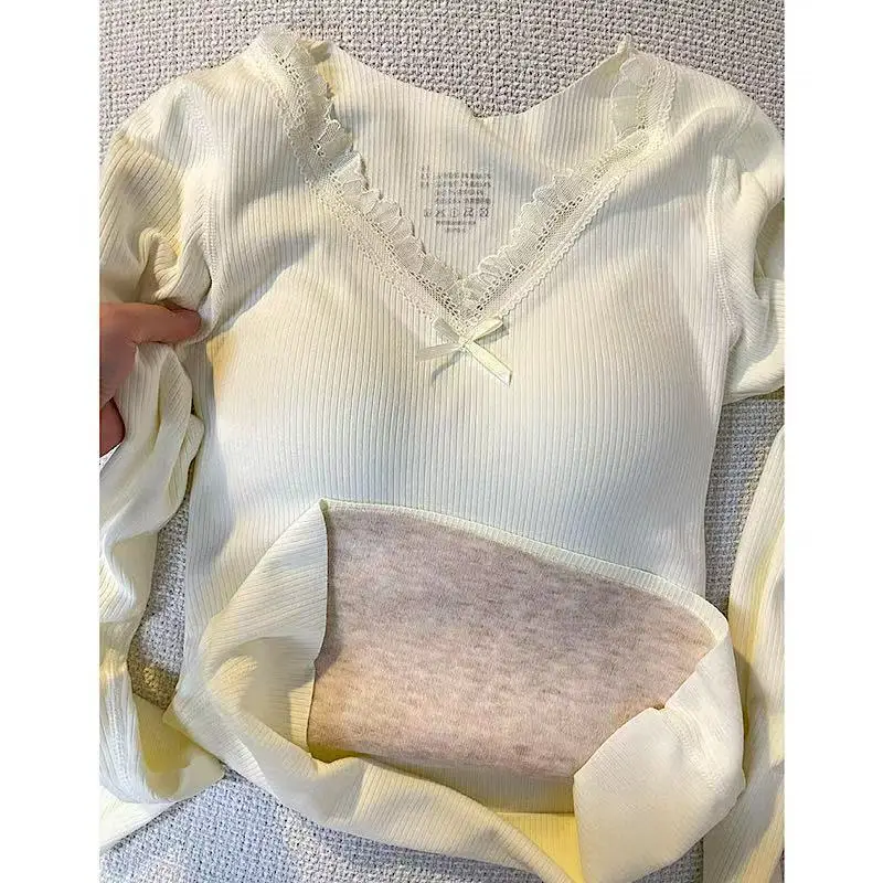 

Женское флисовое мягкое термобелье, футболки, сексуальная милая кружевная майка с бюстгальтером, мягкая камзол, интимные теплые топы с длинными рукавами