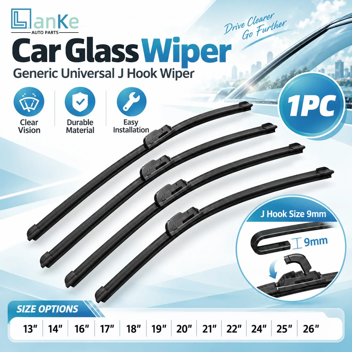 Lanke Universal J U Hook Wiper Blade 9mm Connector Car Windshield Wipers Replacement Durable Rubber Blade Automotive Accessories