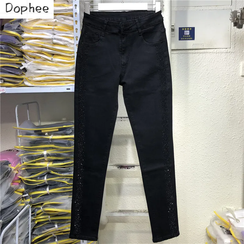 

Hot Drilling Black Denim Pants 2023 New Spring Autumn Stretch High Waist Skinny Pencil Jeans Slimming Long Trousers for Women